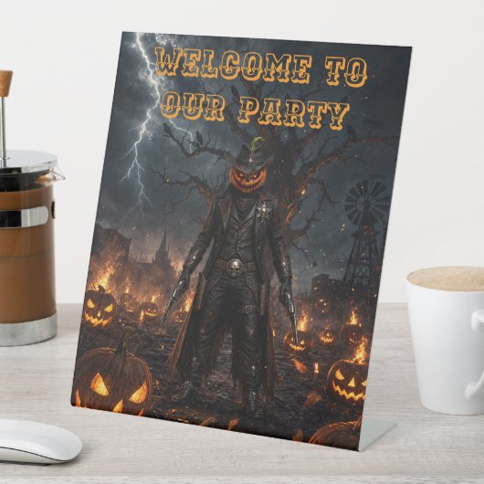 Signe De Table Citrouille de sheriff cowboy d'Halloween effrayant (In SItu)