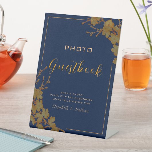 Signe De Table Classy Gold Floral Navy Blue Photo Guestbook (In SItu)