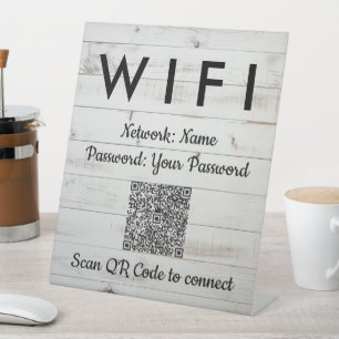 Signe De Table Code de mot de passe QR du WiFi en bois blanc
