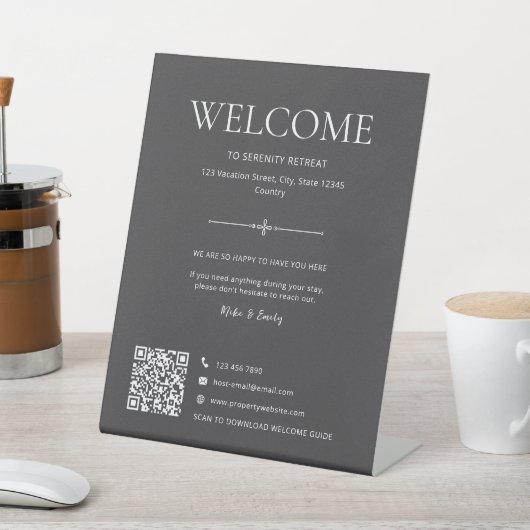 Signe De Table Code QR de bienvenue gris pour location de vacance (In SItu)