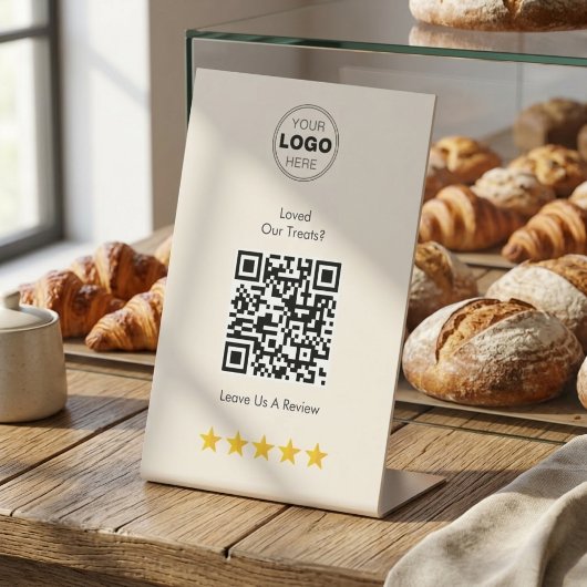 Signe De Table Code QR de demande d'avis sur la boulangerie crème