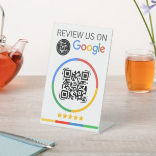Signe De Table Code QR de Google Review avec Étoiles Blanc