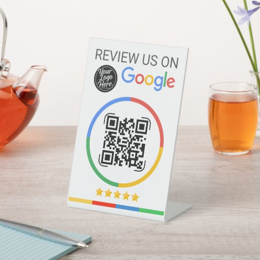 Signe De Table Code QR de Google Review avec Étoiles Blanc (In SItu)