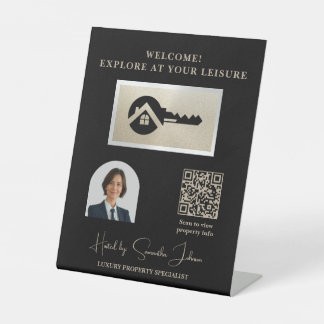 Signe De Table Code QR de l'agent immobilier Luxe Clé Noire Champ