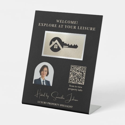 Signe De Table Code QR de l'agent immobilier Luxe Clé Noire Champ (Recto)