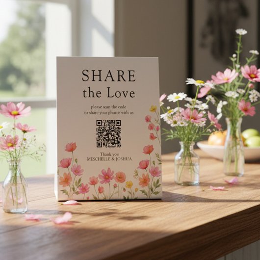 Signe De Table Code QR de mariage Fleur sauvage orange rose