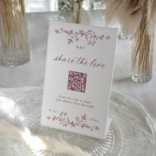 Signe De Table Code QR de mariage floral bordeaux rouge foncé vin