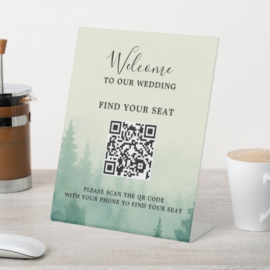 Signe De Table Code QR de mariage forestier aux pins aquarelle ru (In SItu)