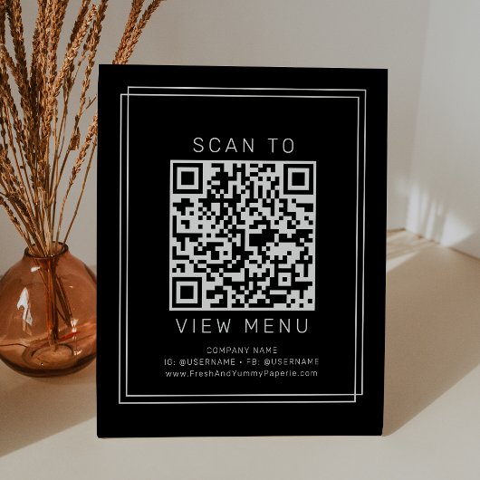 Signe De Table Code QR de menu de restaurant noir moderne Avery