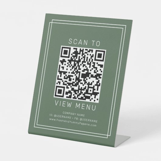 Signe De Table Code QR de menu de restaurant vert foncé rustique (Recto)