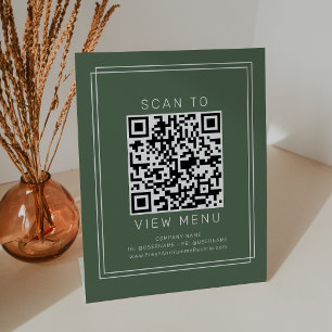 Signe De Table Code QR de menu de restaurant vert foncé rustique 