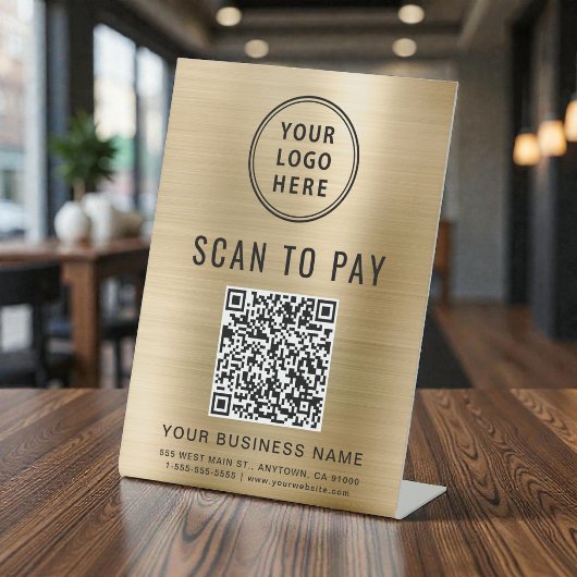 Signe De Table Code QR de paiement à scanner Logo d'entreprise Or