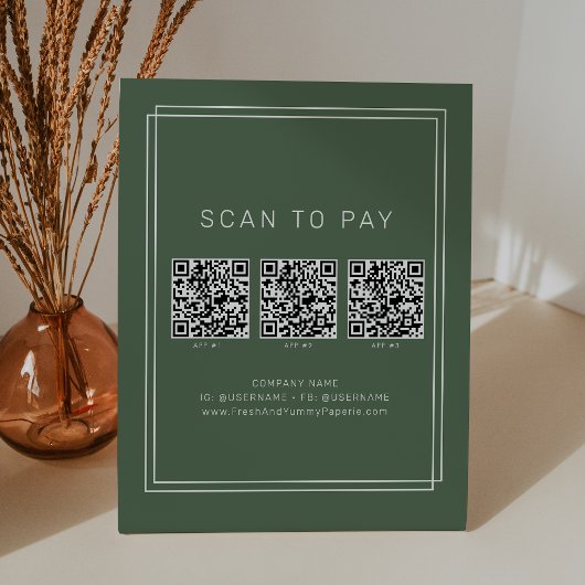 Signe De Table Code QR de paiement professionnel bohème vert fonc