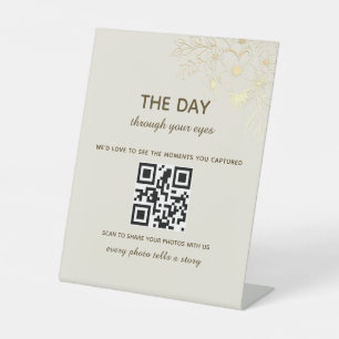 Signe De Table Code QR de photo de mariage floral doré vintage