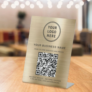 Signe De Table Code QR d'entreprise et Logo Métallic Or