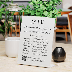 Signe De Table Code QR des heures d'ouverture avec monogramme ou