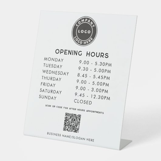 Signe De Table Code QR du logo de l'entreprise - Heures d'ouvertu (Recto)