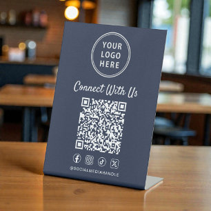 Signe De Table Code QR du logo d'entreprise Bleu sur socle