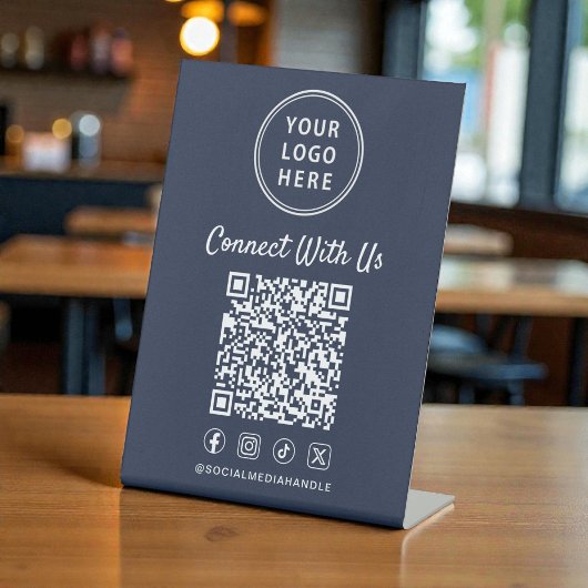 Signe De Table Code QR du logo d'entreprise Bleu sur socle