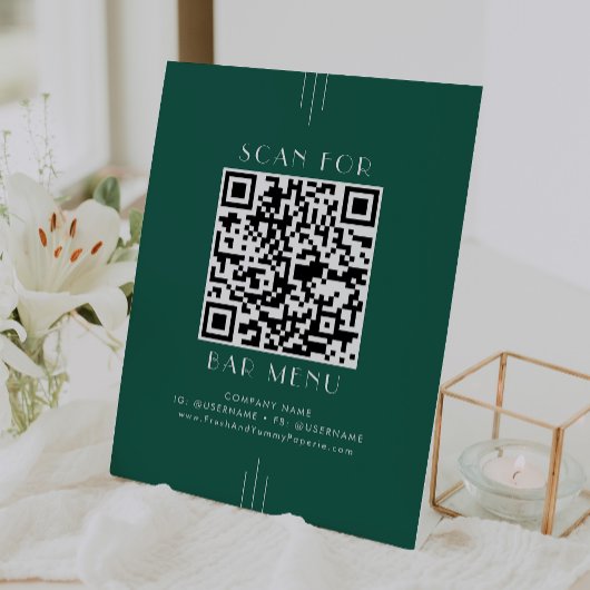 Signe De Table Code QR du menu du bar Art Déco EVERLY vert émerau