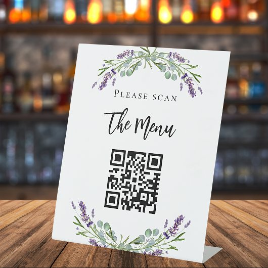 Signe De Table Code QR du menu du bar lavande fleurs d'eucalyptus