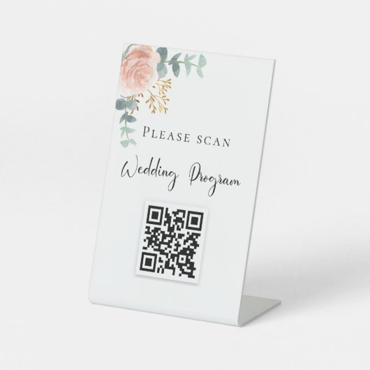 Signe De Table Code QR du programme de mariage eucalyptus floral (Recto)