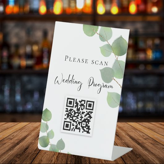 Signe De Table Code QR du programme de mariage eucalyptus verdure