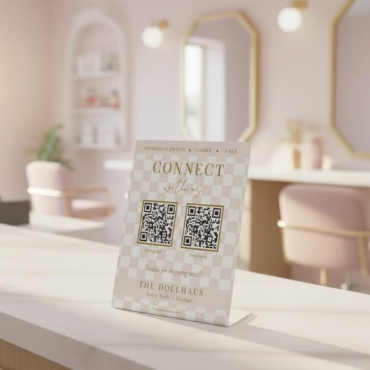 Signe De Table Code QR Élégant Rose à Damier pour Nous Contacter
