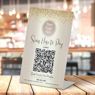 Signe De Table Code QR Logo personnalisé Paillettes dorées Scanne