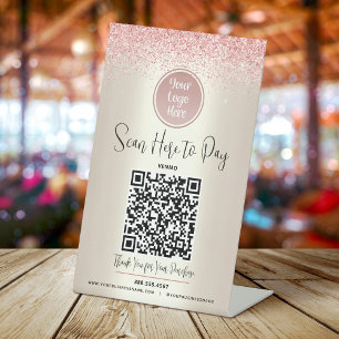 Signe De Table Code QR Logo personnalisé Paillettes roses Payer i