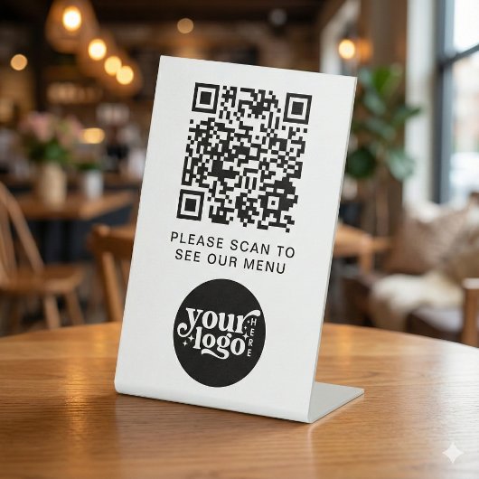 Signe De Table Code QR Menu Blanc Logo Sans Contact Café Moderne