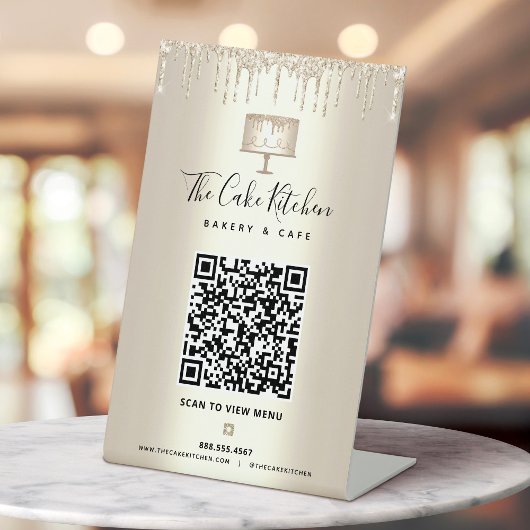 Signe De Table Code QR Menu Boulangerie Gâteau Doré Gouttes de Pa