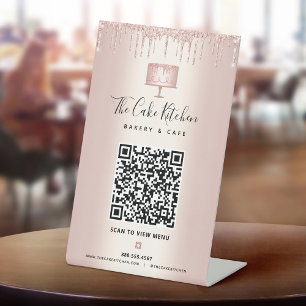 Signe De Table Code QR Menu Boulangerie Rose Doré Paillettes Gâte
