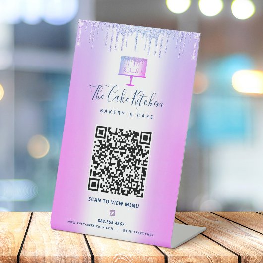 Signe De Table Code QR Menu de la Boulangerie Gâteau Violet avec