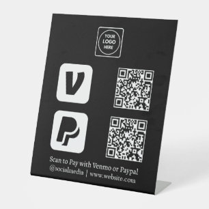Signe De Table Code QR noir Logo Venmo & PayPal Scan-to-Pay