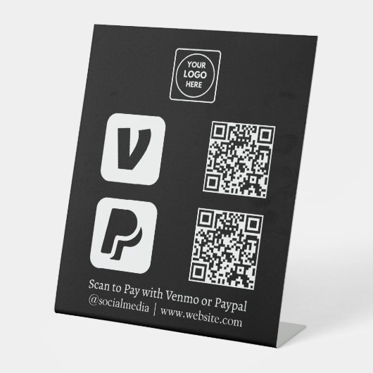 Signe De Table Code QR noir | Logo Venmo & PayPal Scan-to-Pay (Recto)
