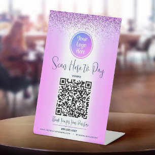 Signe De Table Code QR Pailleté Violet Logo Personnalisé Scannez
