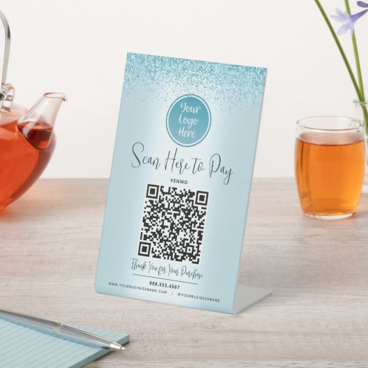 Signe De Table Code QR Parties scintillant Turquoise Logo personn (In SItu)