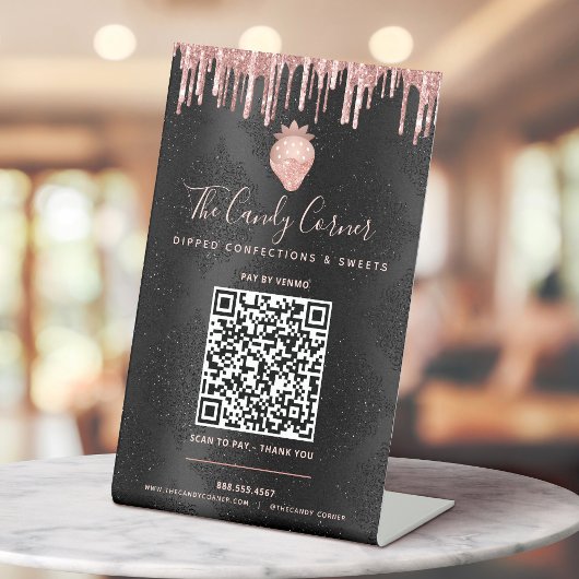 Signe De Table Code QR Payer ici Paillettes Rose Fraise Noir