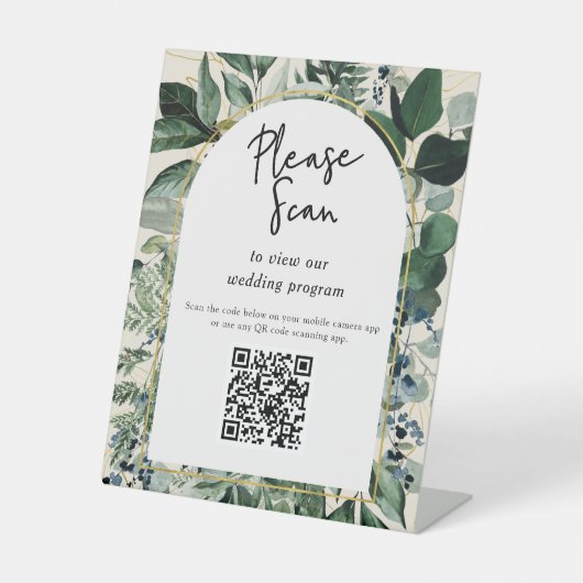 Signe De Table Code QR programme de mariage Moderne Botanique Ver (Recto)