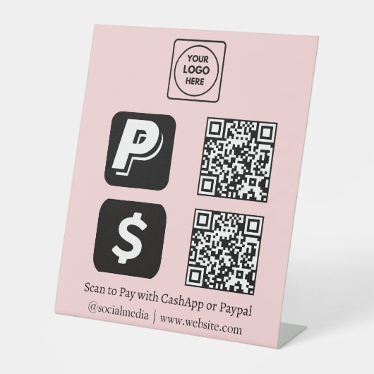 Signe De Table Code QR rose | Logo de numérisation CashApp et Pay (Recto)