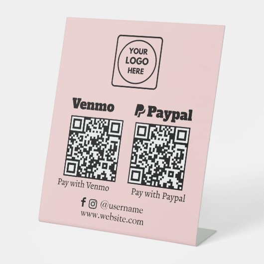 Signe De Table Code QR rose | Logo Venmo PayPal Scan to Pay (Recto)
