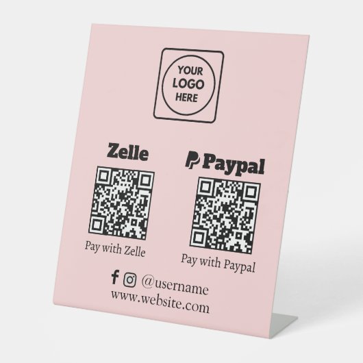 Signe De Table Code QR rose | Logo Zelle PayPal Scan-to-Pay (Recto)