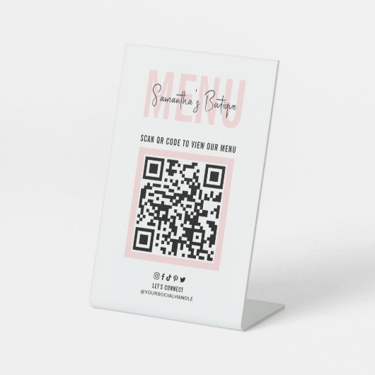 Signe De Table Code QR sans contact Menu Blush Pink Modern Logo (Recto)