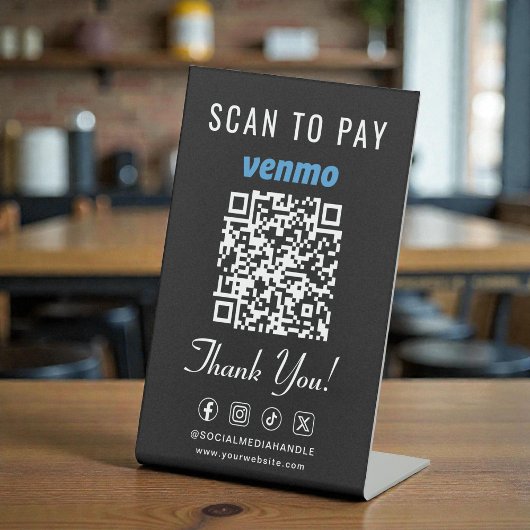Signe De Table Code QR Venmo Scan to Pay noir sur présentoir