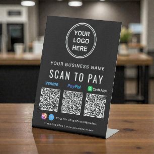 Signe De Table Codes QR Logo Paypal Venmo CashApp Noir