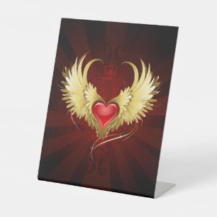 Signe De Table Coeur rouge avec ailes d'or