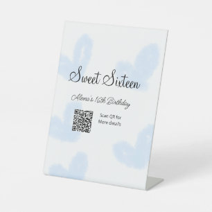 Signe De Table Coeurs d'aquarelle bleu QR Sweet sixteen anniversa