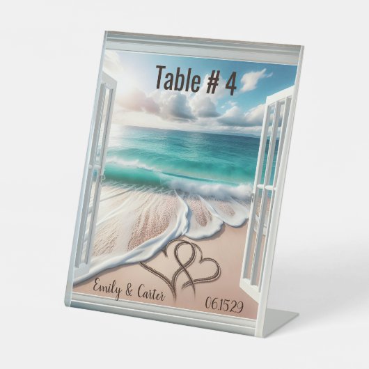 Signe De Table Coeurs De Plage mariages Dans Une Fenêtre (Recto)