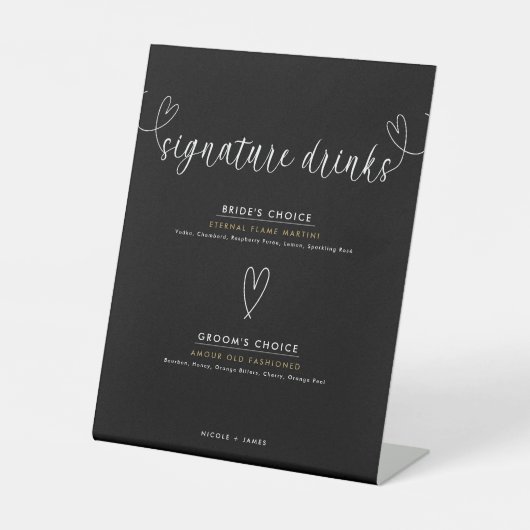 Signe De Table Coeurs modernes Noir Blanc Mariage Signature Boiss (Recto)
